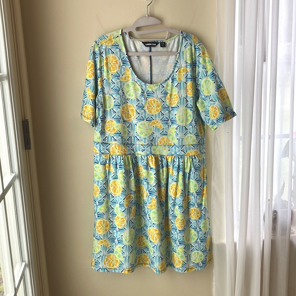 Lands’ End Citrus Lemon Print Short Sleeve Stretchy Dress